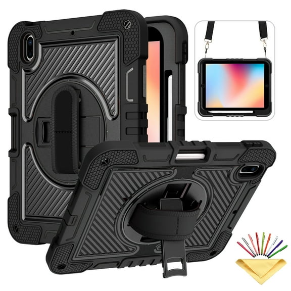 Tarise Case for Apple iPad 10th Generation 10.9 inch (2022), 360° Rotating Kickstand with Pencil Holder/ Hand Strap/ Shoulder Strap Hard PC Rugged Silicone Shockproof Bumper Swivel Stand Cover, Black