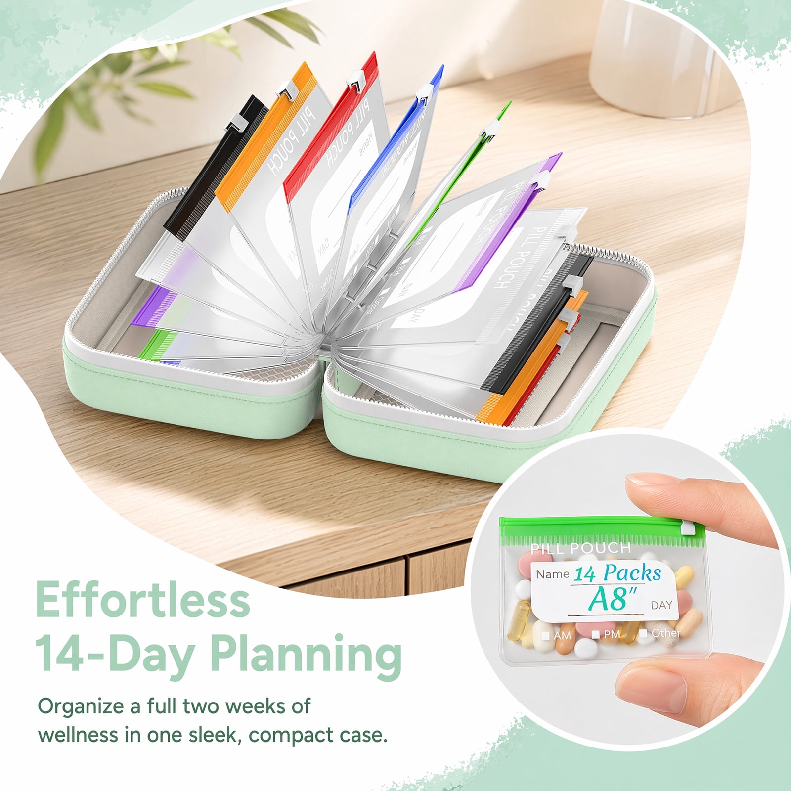 Travel Pill Organizer, Waterproof Pill Pouch Set for Medicine, 14 Color-Coded Pouches