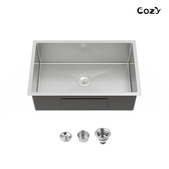 COZY 30″x19″ Stainless Steel Kitchen Sink, Drop In Single Bowl, Undermount Handmade Sink in Brushed Nickel, with US Standard Drain and Hook, SS-BR04D-301908