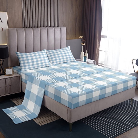 Erosebridal Geometric Plaid Sheet Set Twin,Blue White Bedding Sets Twin Size,Buffalo Grid Twin Sheet Sets,Lightweight Abstract Room Decor,3pcs