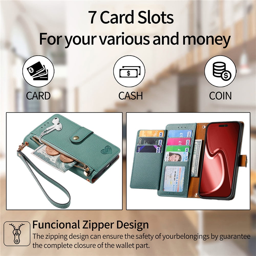 For iPhone 15 Pro Max Leather Phone Case Wallet Zipper Pocket Pouch Folio Flip Cover Kickstand, Multi Anti-theft Card Holder Cash Slot, Double Magnetic Buckle, Wrist Lanyard,Green