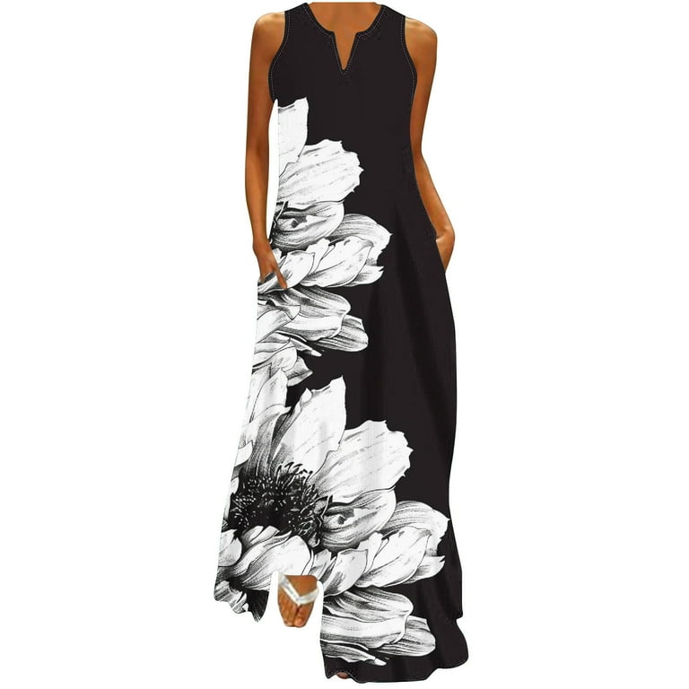 Gersome Women V Neck Dresses Summer Casual Flowy A Line Holiday Midi Dress Sleeveless Long Sundress
