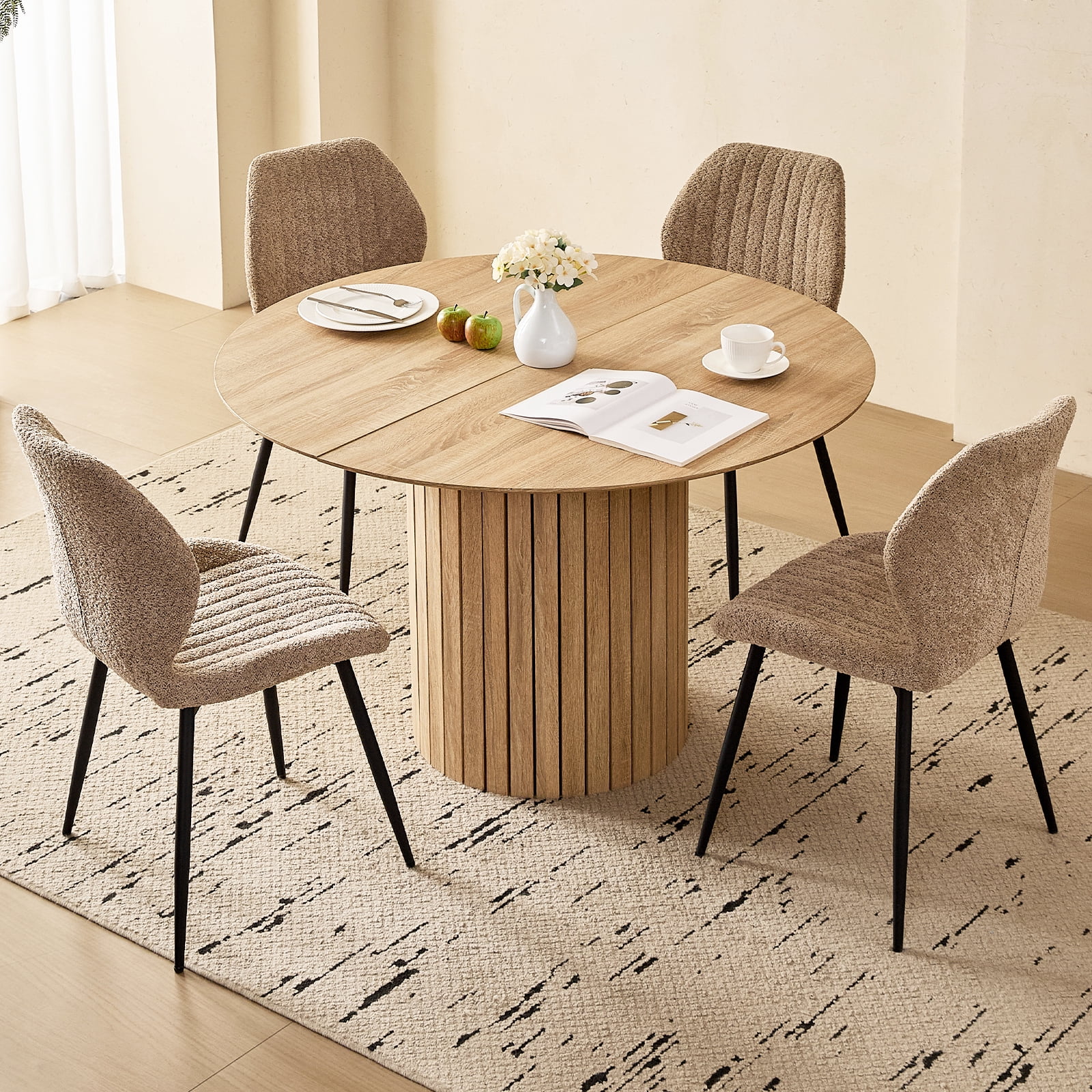 47" Round Dining Table Set of 4, Natural Wood Kitchen Table with 4 Brown Boucle Dining Chairs