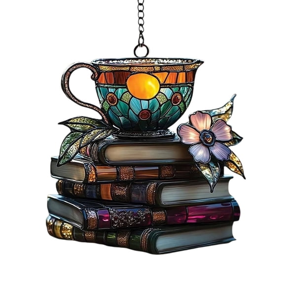 BNNG Acrylic Book Mug Ornament – 2D Flat Stacked Floral Book and Tea Cup Acrylic Ornament - Book Lover Suncatcher Window Hanging,Book Lover Gift, Literary-Themed Home Decoration