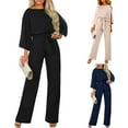 thumbnail image 5 of Qeaghou Womens Dressy Jumpsuits Fashion 3/4 Sleeve Wrap V Neck Belted Wide Leg Rompers High Waisted Crewneck Jumpsuit Office Work Outfits, 5 of 6