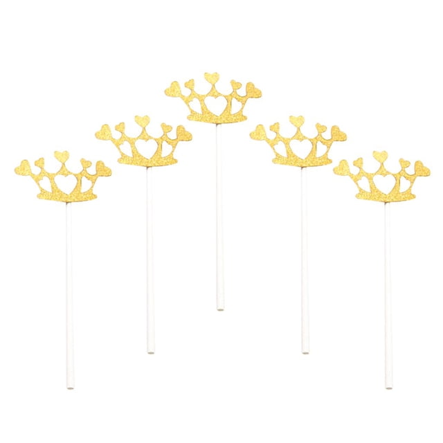 5 adornos para tartas de boda de madera con forma de corona dorada SKCQ001