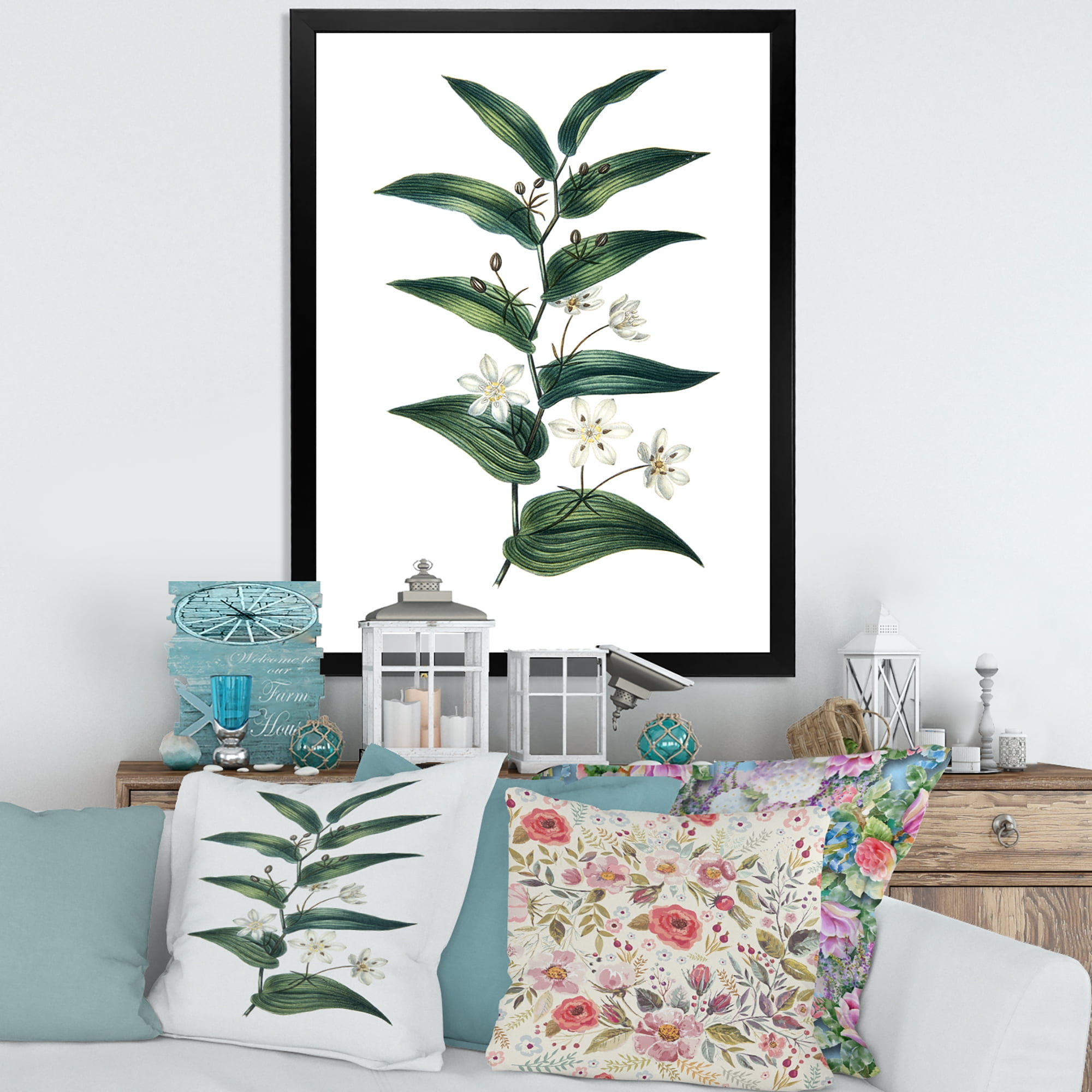 Designart 'Little White Flowers With Ancient Plant' Farmhouse Framed Art Print