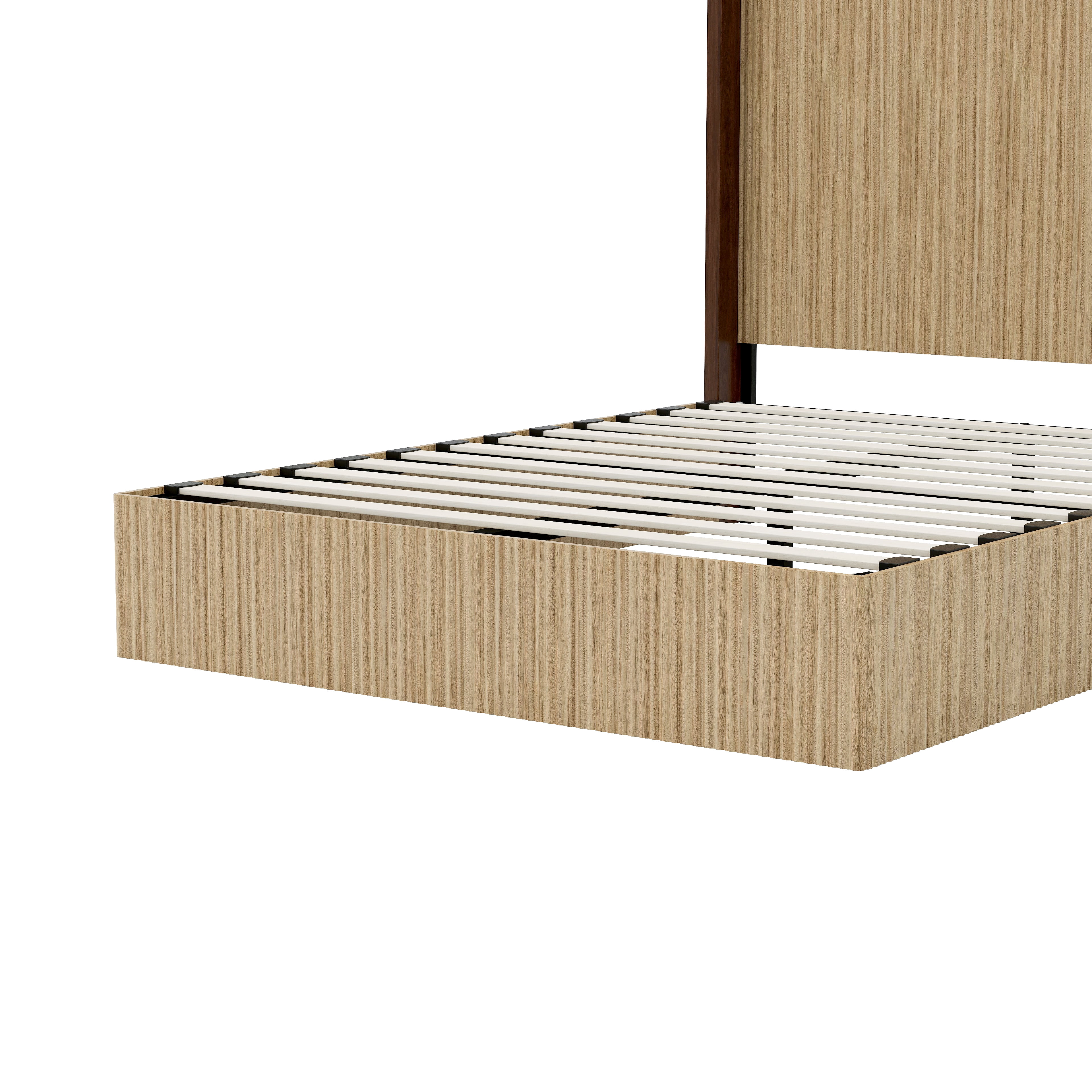 Mintazer Queen Size Vertical Fluted Platform Bed with Tall Wing Headboard, Low Profile Platform for Bedroom & Guest Room, No Box Spring Needed, Natural