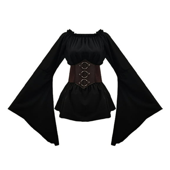 SWSMCLT Women's Acting 2 Piece Colonial Billowy Renaissance Victorian Outfits Elastic Bunched Off Shoulder Blouse Top Black 4-6