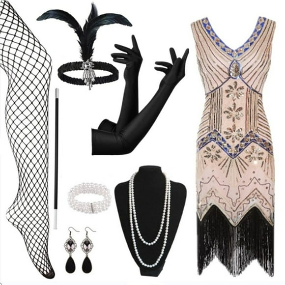 Women'S 1920S Flapper Dress Vintage Lace Fringed Cocktail Dress With 20S Accessories Set Cosplay Pink M
