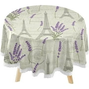 SKYSONIC Vintage Eiffel Towers Round Tablecloth 60inch Indoor Wrinkle Free, Summer Floral Flower Circular Lace Table Cover Washable for Kitchen Party BBQ Dining Decor