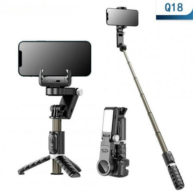 Q18 Mobile Phone Selfie Stick Anti-shake Hand-held Single-axis Gimbal Stabilizer with Fill Light Black