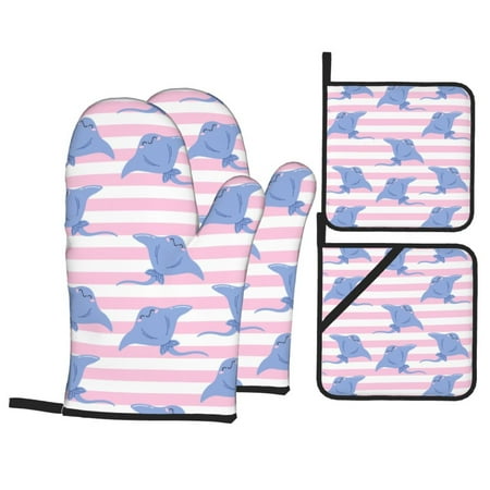 

Oven Mitts and Pot Holders Sets 4 pcs - stingray pink stripes cute Heat Resistant Silicone Oven Gloves with Non-Slip Silicone Surface and hot pads for kitchen Baking Cooking BBQ