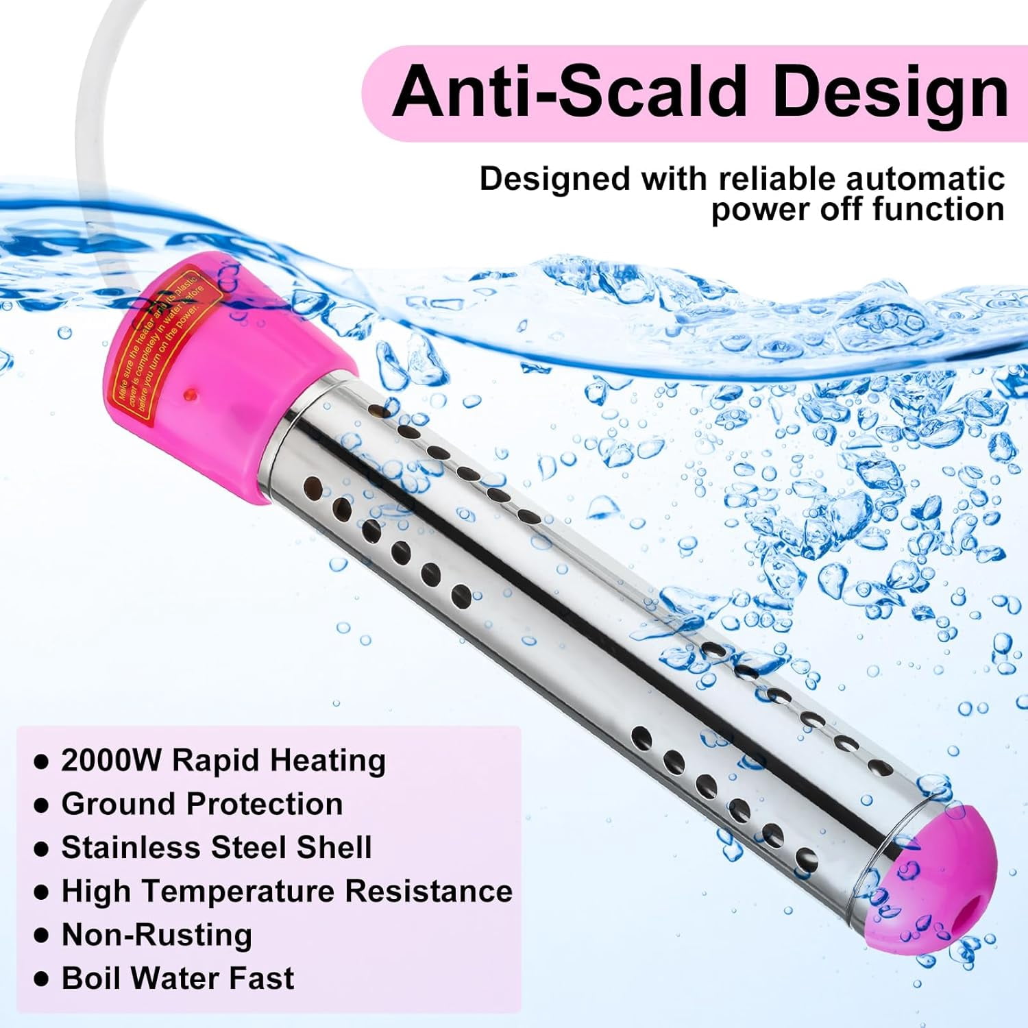 DICEEVIL Immersion Water Heater, 2000W Portable Bucket Heater with Timer Digital Thermometer Stainless-Steel Portable Submersible Water Heater for Inflatable Pool Bathtub, Basin, Pink