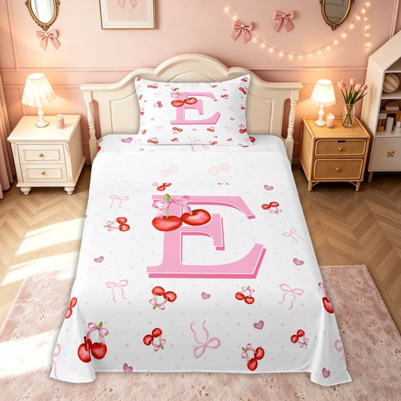 meiyoeat Cute Cherry Letter E Twin Sheets for Girls, Bowknot Fruit Bedding for Kids, Pink, 3pcs, 1 Flat Sheet, 1 Fitted Sheet and 1 Pillowcase