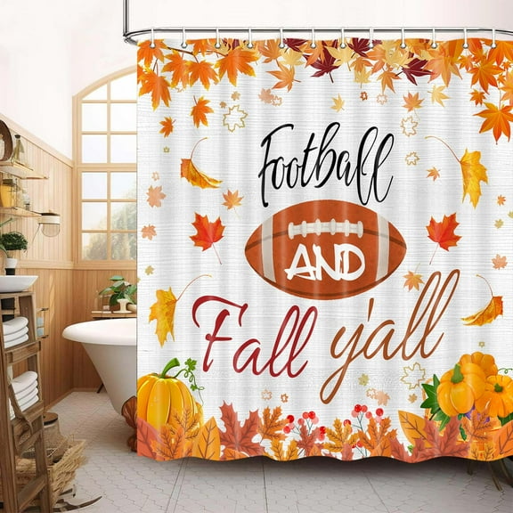 Fall Football Sport Shower Curtain, Fall Autumn Maple Leaves Pumpkin Farmhouse Harvest Football Thanksgiving Shower Curtain for Bathroom Autumn Bath Curtains with Hooks,72x72IN