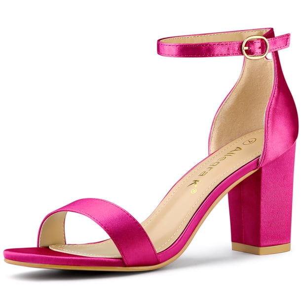 Sandalias Tacones Chunky Allegra K Correa del Tobillo Punta Abierta Satín Rosa Caliente 40