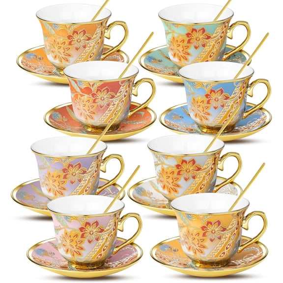 Tea Cups and Saucers Set of 8, 8 OZ Floral Tea Cup with Saucer, Vintage Tea Cups Porcelain Tea Set with Spoon for Latte , Mocha , Afternoon Tea Birthday Party Supply Thanksgiving Day Halloween gifts