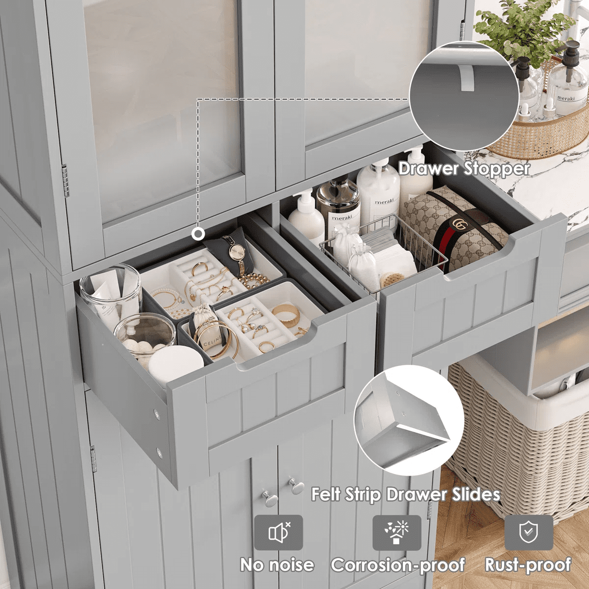 Homfa 4 Doors Bathroom Cabinet, 3-Tier Wood Tall Linen Storage Cabinet with 2 Drawers for Living Room, Gray