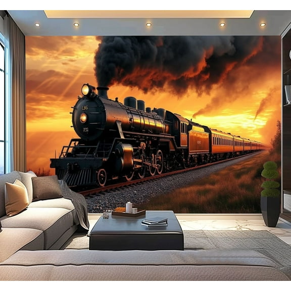 Peel and Stick Wallpaper Vintage Dusk Train Old Engine Railway Wilderness Art Beach Blanket Modern Art Wall Mural Decor Self Adhesive and Removable 100in x 144in