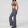 thumbnail image 4 of Telankuip Womens 2 Piece Workout Gym Outfits Tummy Control High Waist Stretch Seamless Flare Leggings Matching Sleeveless Deep V-Neck Halter Yoga Bra with Padded Casual Sports Sets 1-Grey S, 4 of 5