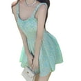 thumbnail image 4 of Vestido corto de línea A Ticfox con ribete de volantes estampado floral tirantes finos verde menta S, 4 of 14