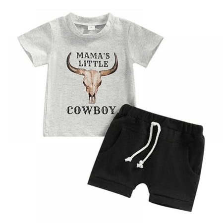 

Toddler Baby Boy Summer Clothes Cow Print Short Sleeve T-Shirt Top Shorts Set 2Pcs Toddler Cowboy Outfits