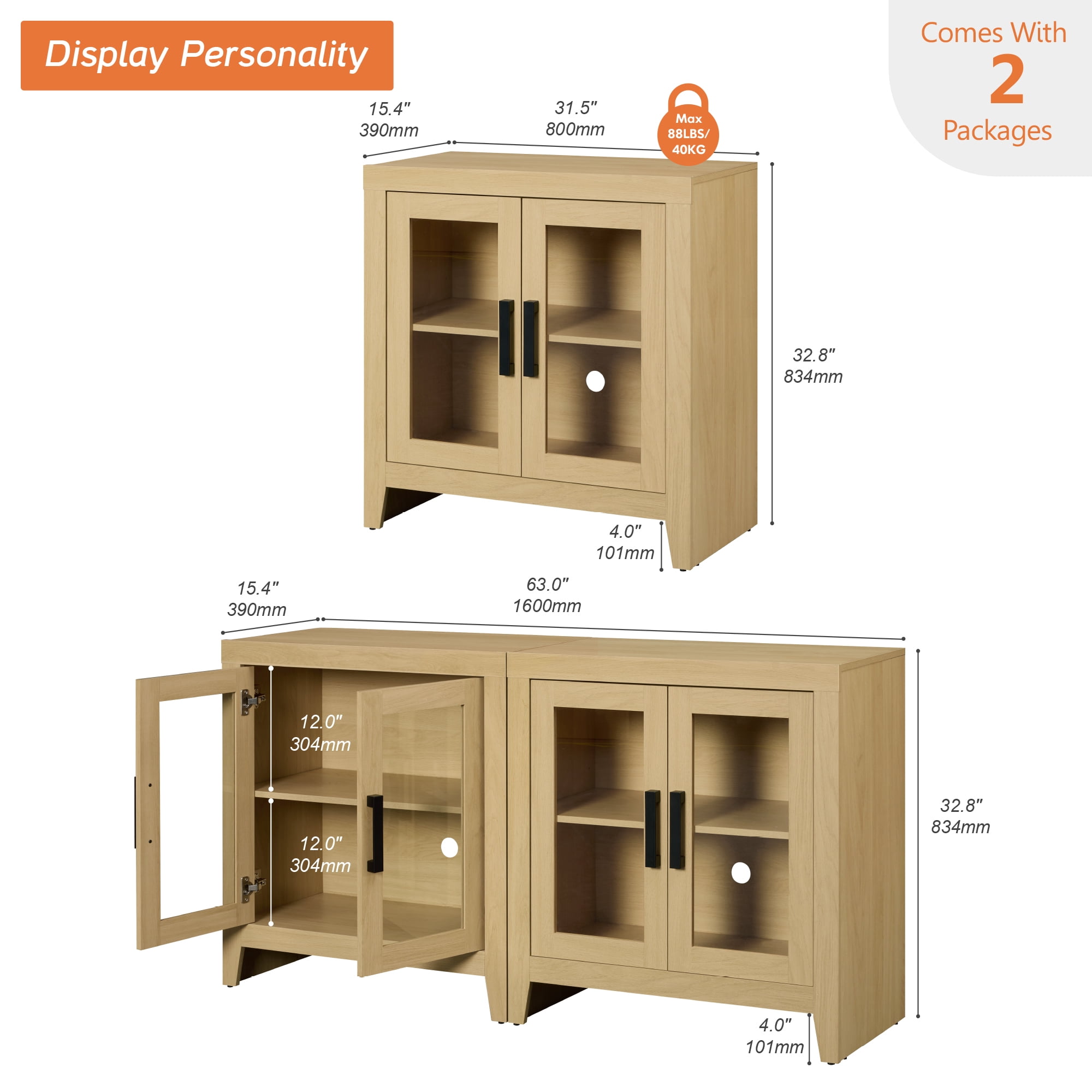 WAMPAT Modern Farmhouse TV Stand up to 70"TV, Entertainment Center with Tempered Glass Doors & Adjustable Shelves, Oak