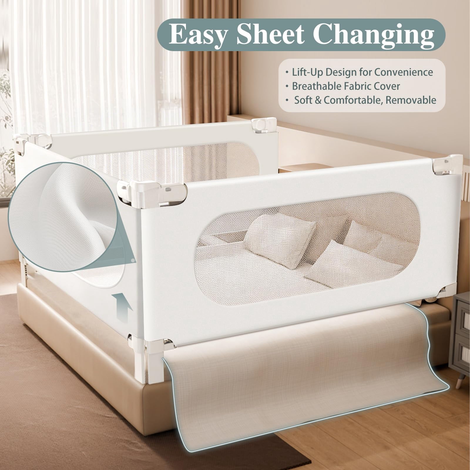 3-Piece Queen Size Bed Rail for Toddlers, Adjustable Baby Bed Rail Guard, Stable Protective Bedrail, 79.92"×79.92"×59.84", White