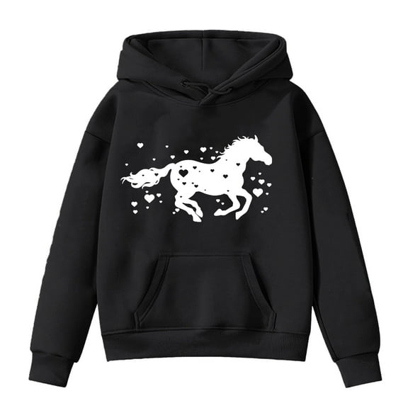 Rhuody Cute Girl Sweatshirts Kids Horse Print Long Sleeve Hoodies Autumn Winter Crewneck Pullover Sweatshirt Comfortable Wear Black 4-5 Years