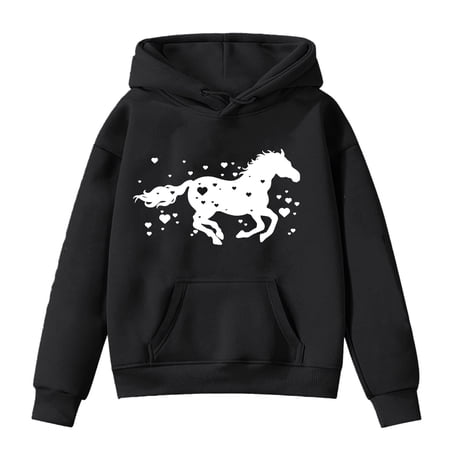 CAIXIA Youth Hoodie Sweatshirt Kids Horse Print Long Sleeve Hoodies 4-5 Years Black