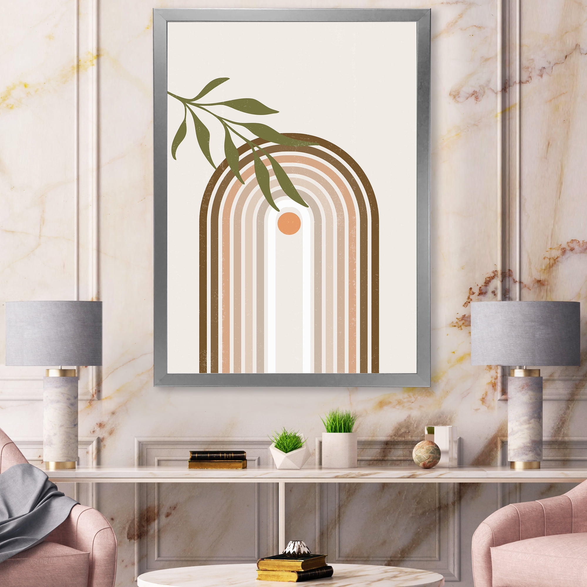 Designart 'Abstract Moon and Sun With Green Leaf I' Modern Framed Art Print