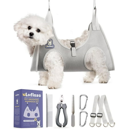 Loflaze Dog Grooming Hammock Harness for ATT1Dogs & Cats Pet Nail Clipper Trimmer - Cat Hanger Sling for Trimming Clipping Nails- Dog Hammock Restraint Bag for Small Medium Large pet  Grey S 