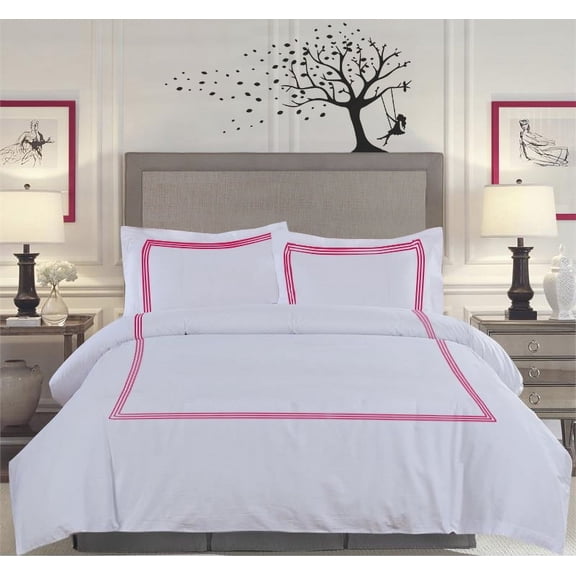 BedDecor 600TC 100% Egyptian Cotton Hot Pink Full/Queen Size 3PC 1PC Duvet and 2 Pillow Case 3-Stripe Embroidery Duvet Cover Set Solid Pattern