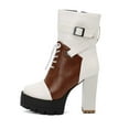 thumbnail image 4 of Womens Platform Mid Calf Leather Combat Boots Block High Heel Round Toe Waterproof Ankle Booties Lace Up Classic Motocycle Boots White Size 7, 4 of 6