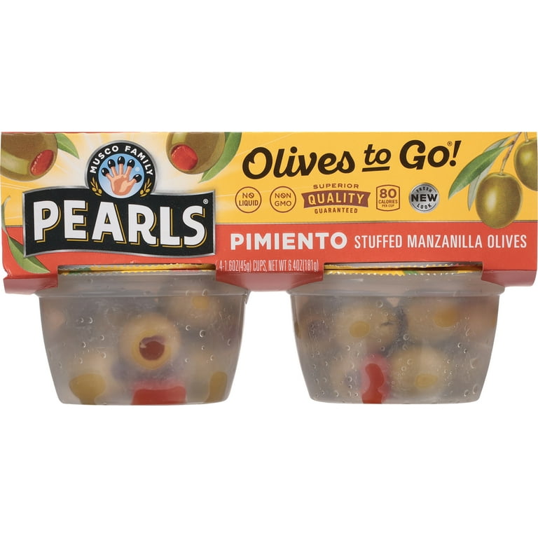 Pearls Pimiento Stuffed Spanish Green Olives, 4 Pack, 1.6 oz. Cup