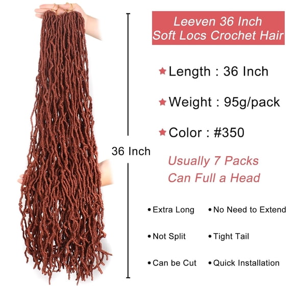 WEIF-Soft Locs 36 Inch 3 Packs 350 Faux Locs Crochet Hair Ginger Distressed Long Goddess Locs Copper Red Pre Looped Synthetic Hair for Women Curly Wavy Afro Roots