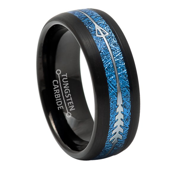 8mm Mens Black Tungsten Wedding Band, Feathered Arrow on Meteorite, Dome Promise Ring - TN969WAs10