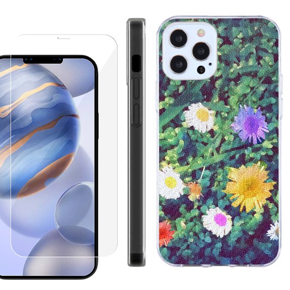 Slim Fit Protective Phone Case for Apple iPhone 12 / iPhone 12 Pro, with Tempered Glass Screen Protector, by OneToughShield ® - Daisy Paint