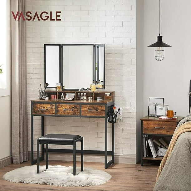 SONGMICS HOME Juego de Mesa de Maquillaje con Espejo Triple, Tocador con Espejo y Taburete, 3 Cajones, Escritorio de Maquillaje, Soporte para Secador, Industrial, Marrón Rústico y Negro RVT004B01