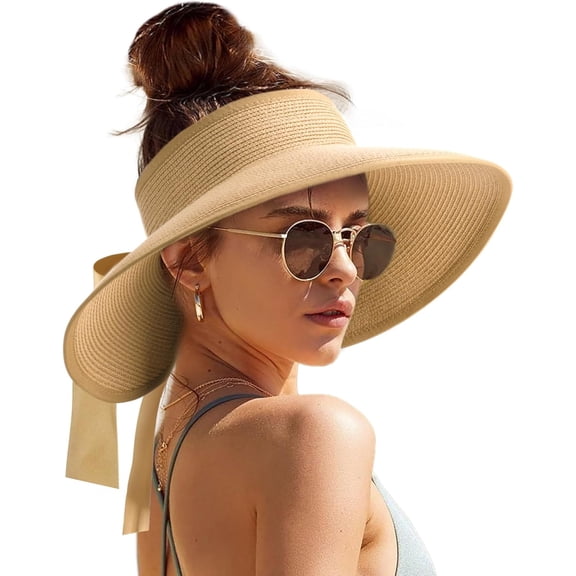 Sun Visors for Women Wide Brim Straw Hat with Bowknot, Packable Foldable Beach Hat Ponytail Open Top UV50 Protection Summer Travel Beach Hats for Women