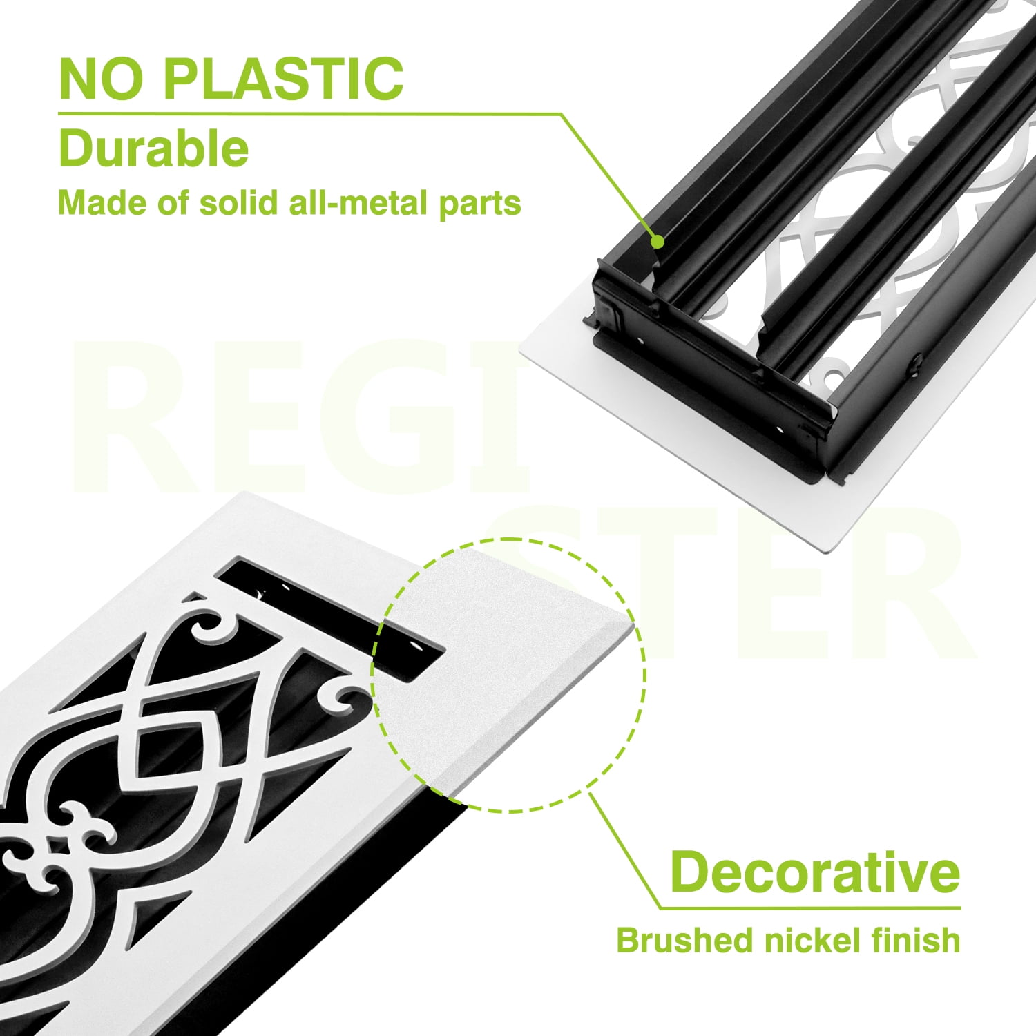 Naiture Stainless Steel Floor Register, Heavy Duty Rust-Resistant Floor Vent Cover, Metal Damper or Lever, Victorian Style Grille Floor Vent, Duct Size 4" X 10", Matte White Finish