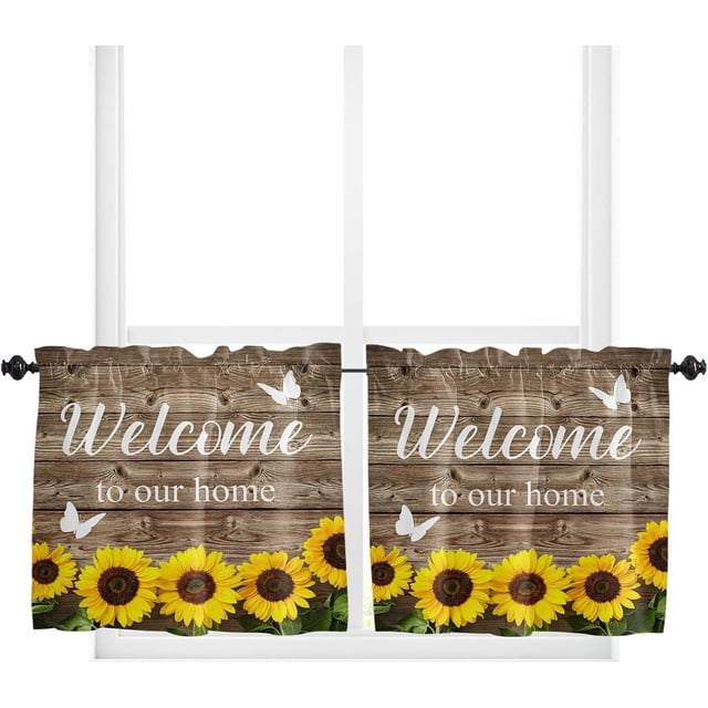 Valance Curtains for Windows Short Valance Small Window Curtains Bathroom Living Room and Kitchens Welcome Sunflower on a Wooden Board (27.5 x 36 Inch,2 Panels)