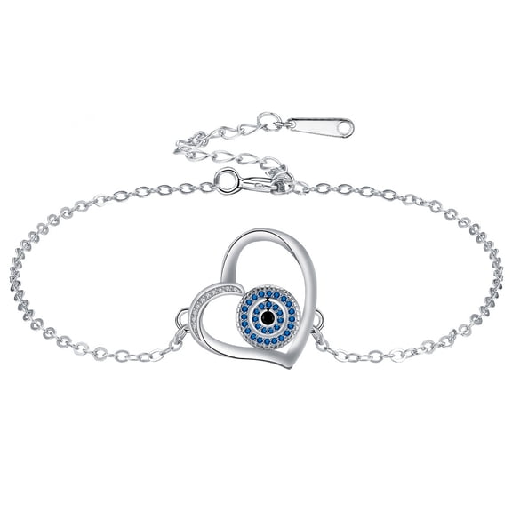 Evil Eye Heart Bracelet 925 Sterling Silver Blue Zircon Adjustable Chain Protection Jewelry Gift for Women Men