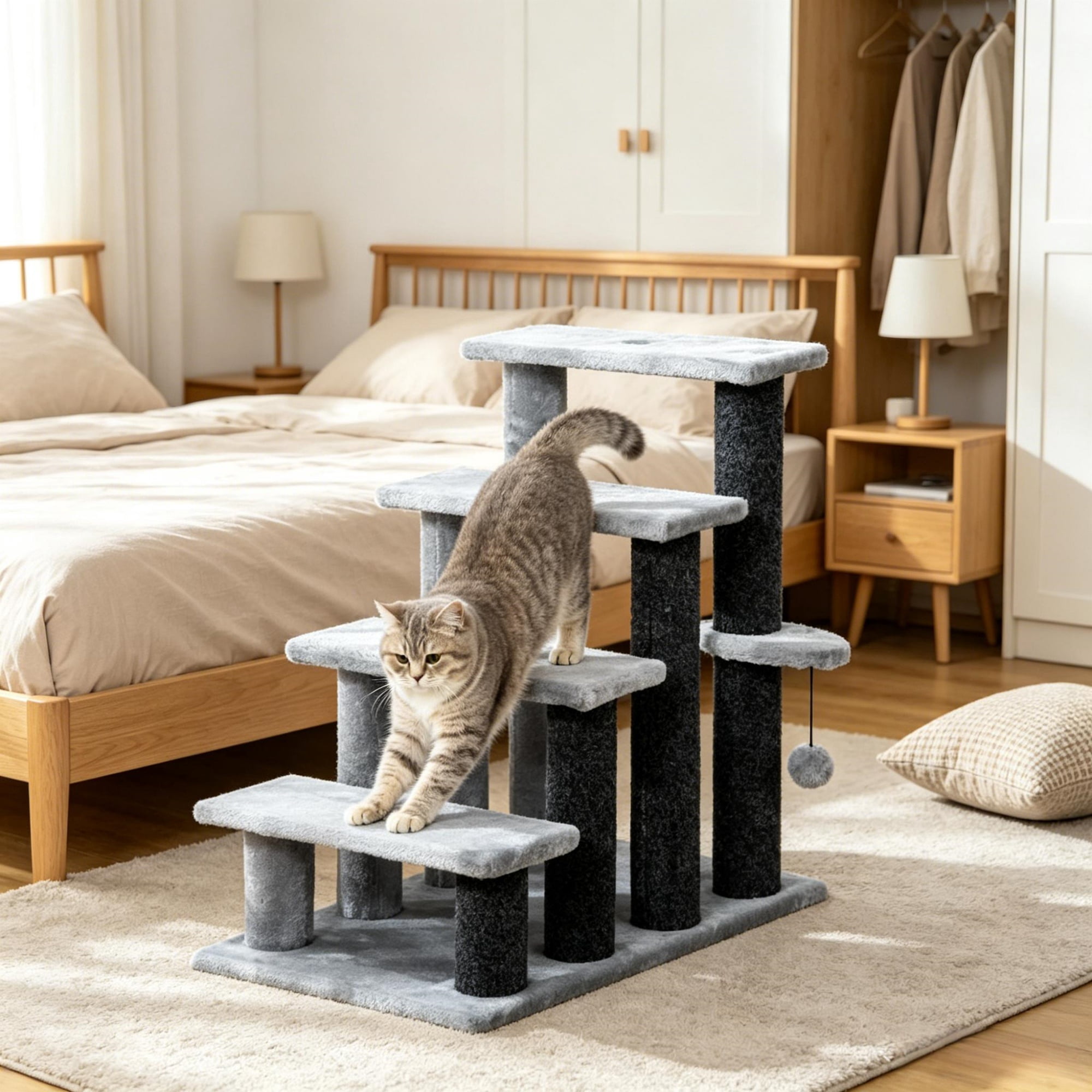 Lightweight Compact Cat Stairs for Older Small Cats Under 10 Lbs, Soft Flannel Covered Pet Steps with Play Platform Hanging Ball Joint Protection Movable Cat Tree