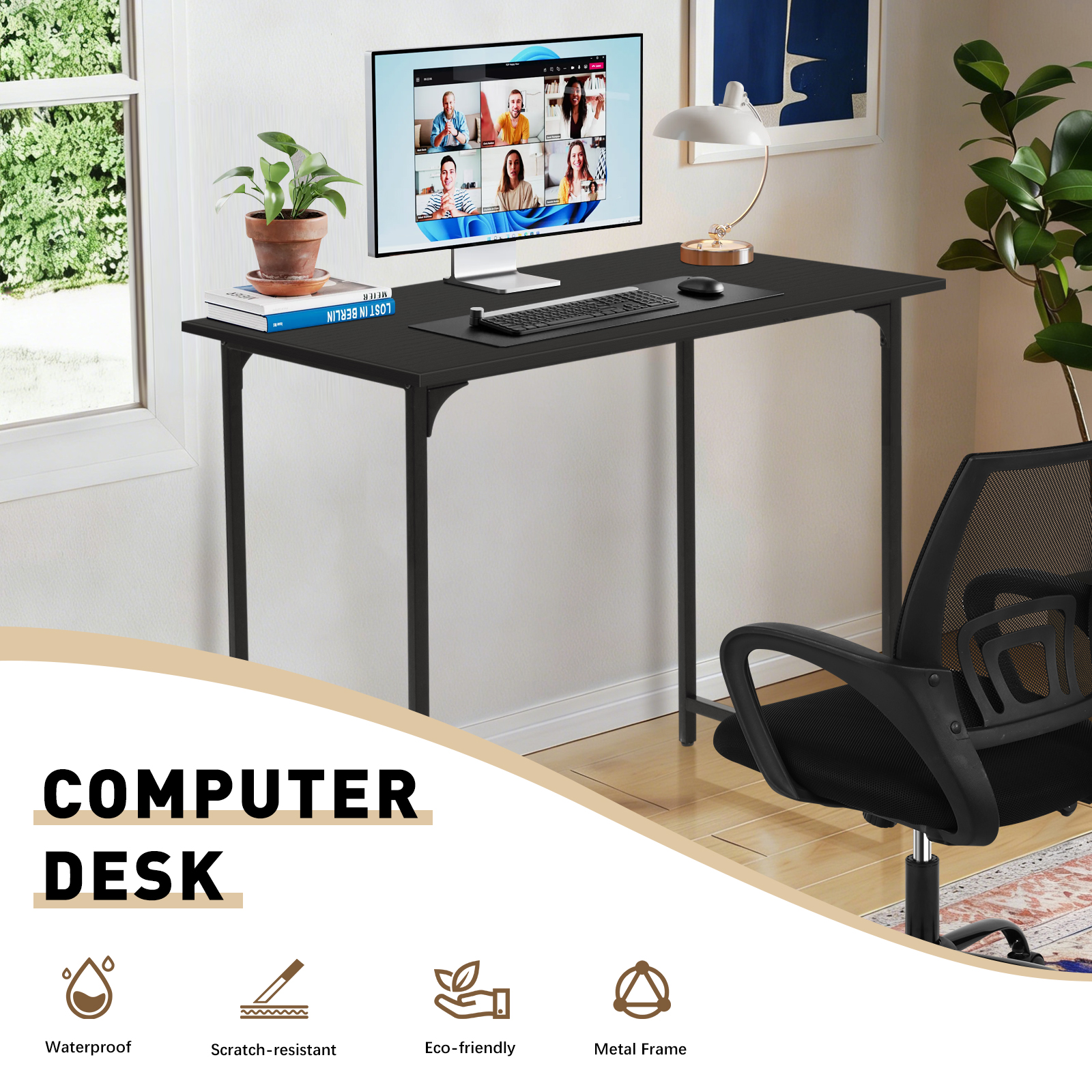 Dkelincs 32 inch Computer Desk and Chair Set Home Office Modern Wood Study Desk & Mesh Ergonomic Height Adjustable Office Chair for Small Spaces, Black & Black