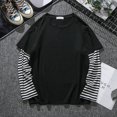 thumbnail image 2 of Moda hombres mujeres manga larga cuello redondo falso dos camiseta 2 colores liso negro y blancopangjing, 2 of 3