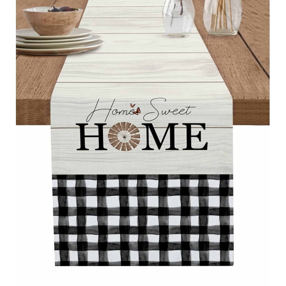 Hokiten Table Runners 36 Inches Long Dress Scarves, Home Windmill Black Plaid Farmhouse Kitchen/Dining Table Runner, Short Coffee Tablerunners, Beige Wooden Farmhouse 13x36 Inch