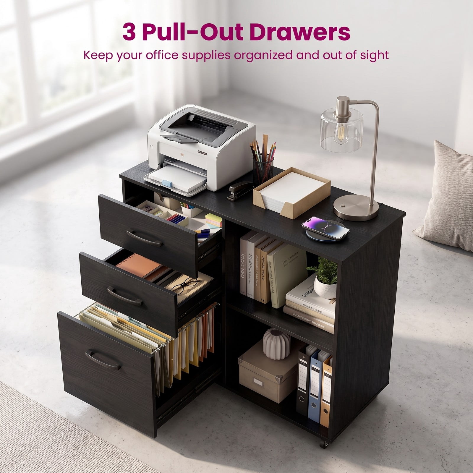 Furnibear 3-Drawer Mobile Lateral File Cabinet Printer Stand, Rolling Wood Filing Cabinet with Locking Wheels and 3-Level Shelf for Home Office, Holds A4 and, Black