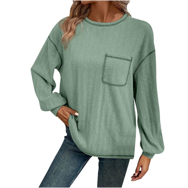 cfhntfmh Women's Ribbed Sweater Crew Neck Long Sleeve Shirts 2024 Fall Loose Solid Knit Pullover with Pockets